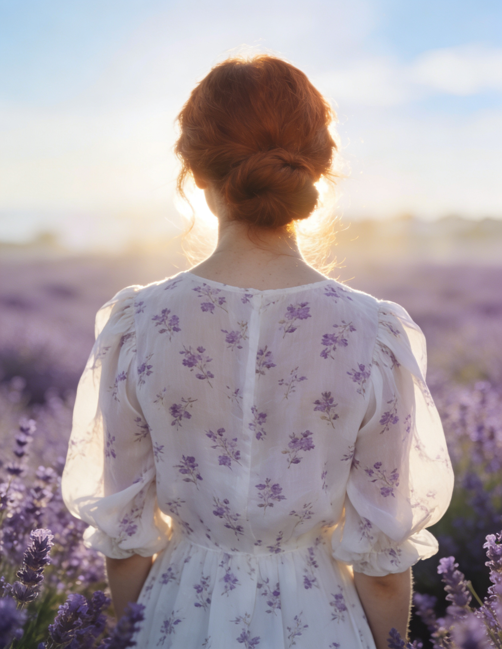 Mulher contemplando um campo de lavanda ao entardecer